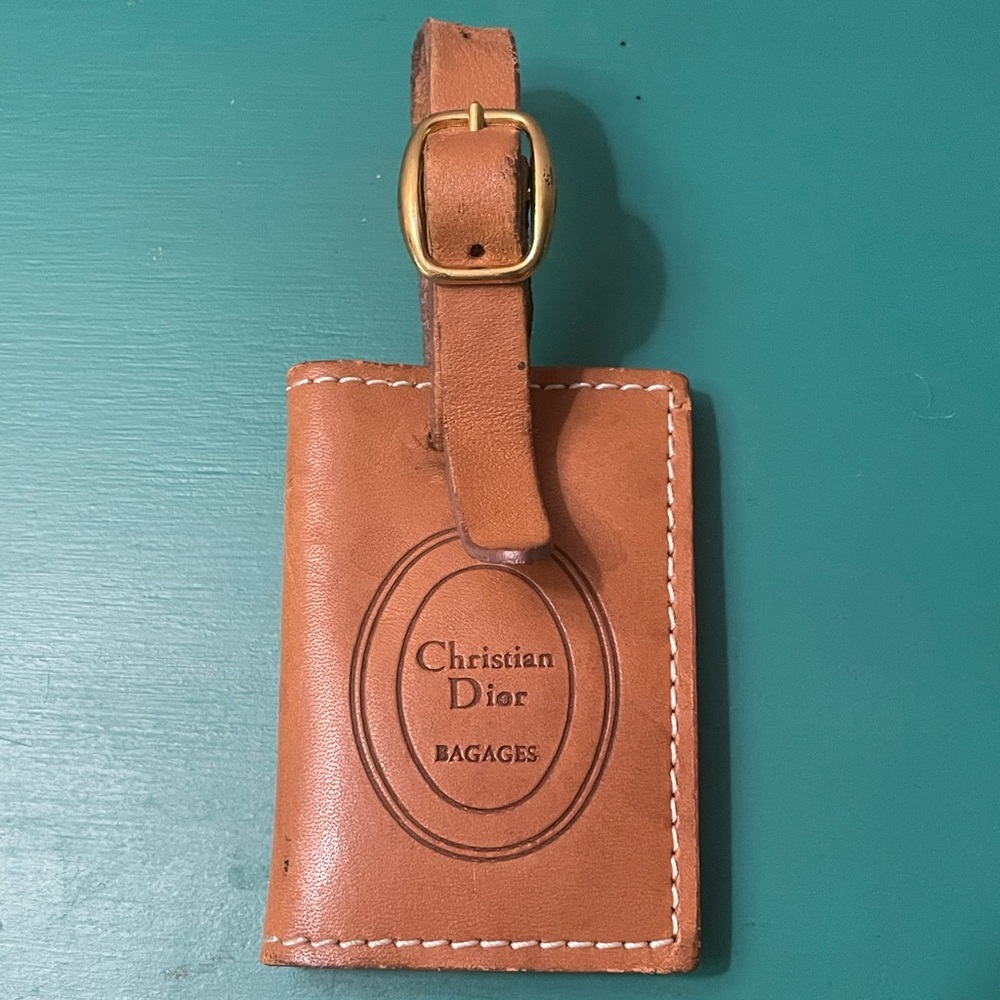 VTG CHRISTIAN DIOR Bagages Camel Brown Leather Luggage Tag Holder - Picture 1 of 11